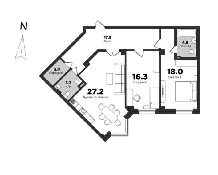 Royal Park, 2 bedrooms, 90.3 m² | planning of elite apartments in St. Petersburg | М16